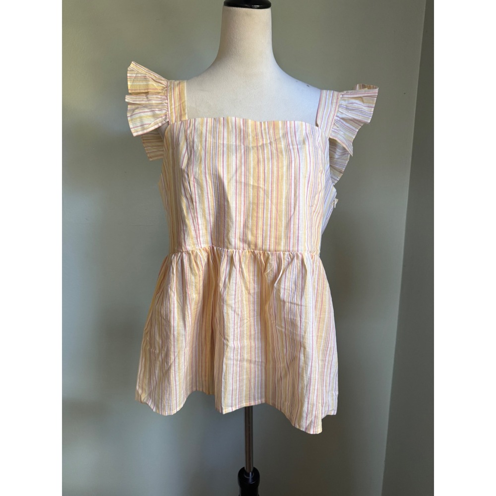 Davi & Dani Yellow Pink Striped Ruffle Sleeve Peplum Cotton Top cottage dainty L